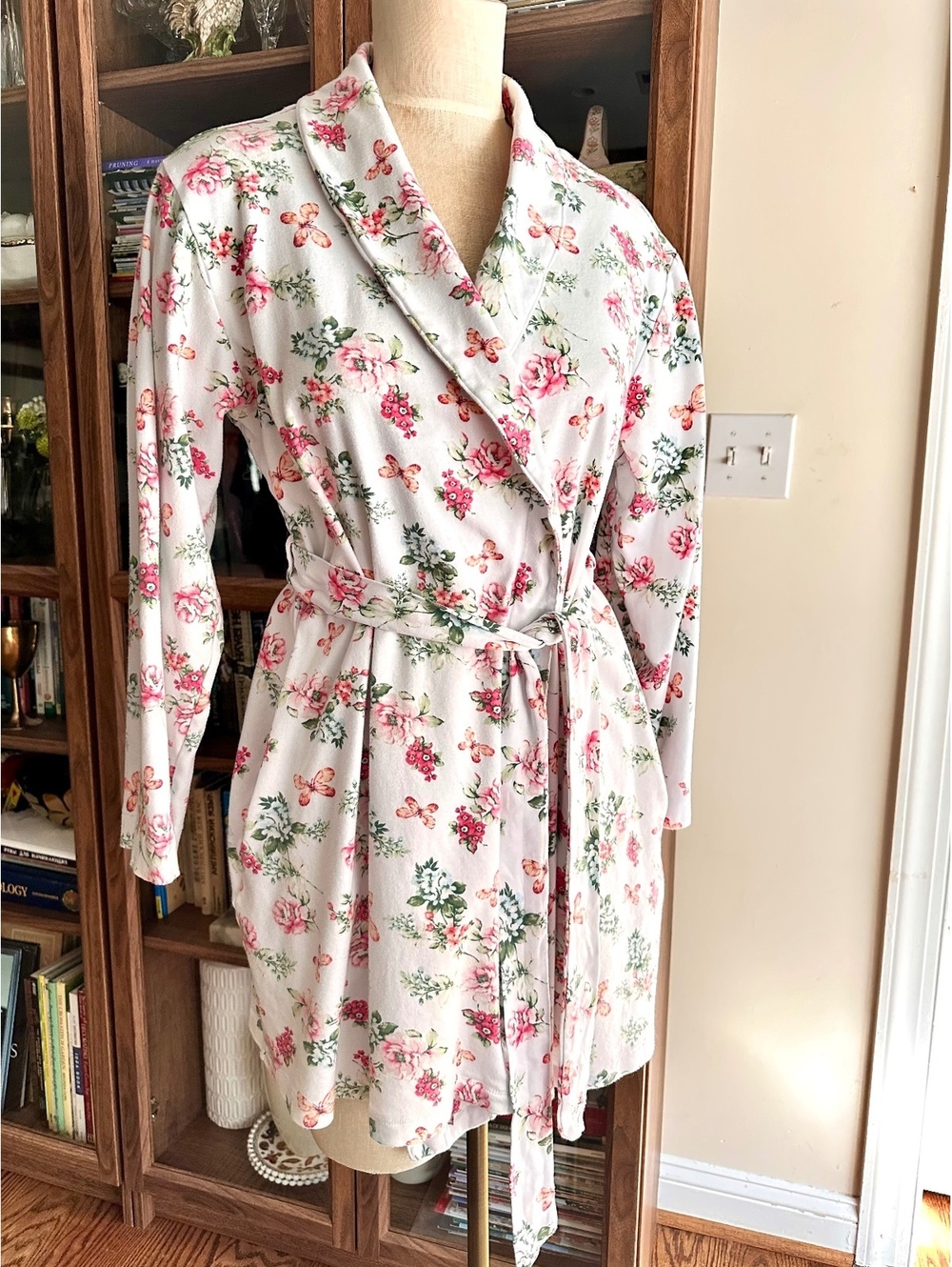 Charter Club Womens Short Cotton Wrap Robe Blossoms White Size M